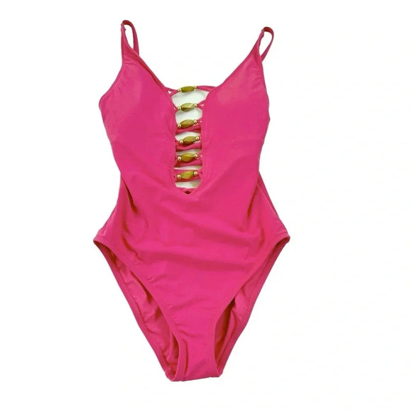 Bleu Rod Beattie Paradise Found Lace Down One Piece Bright Pink Size 4 NWT - Picture 2 of 8